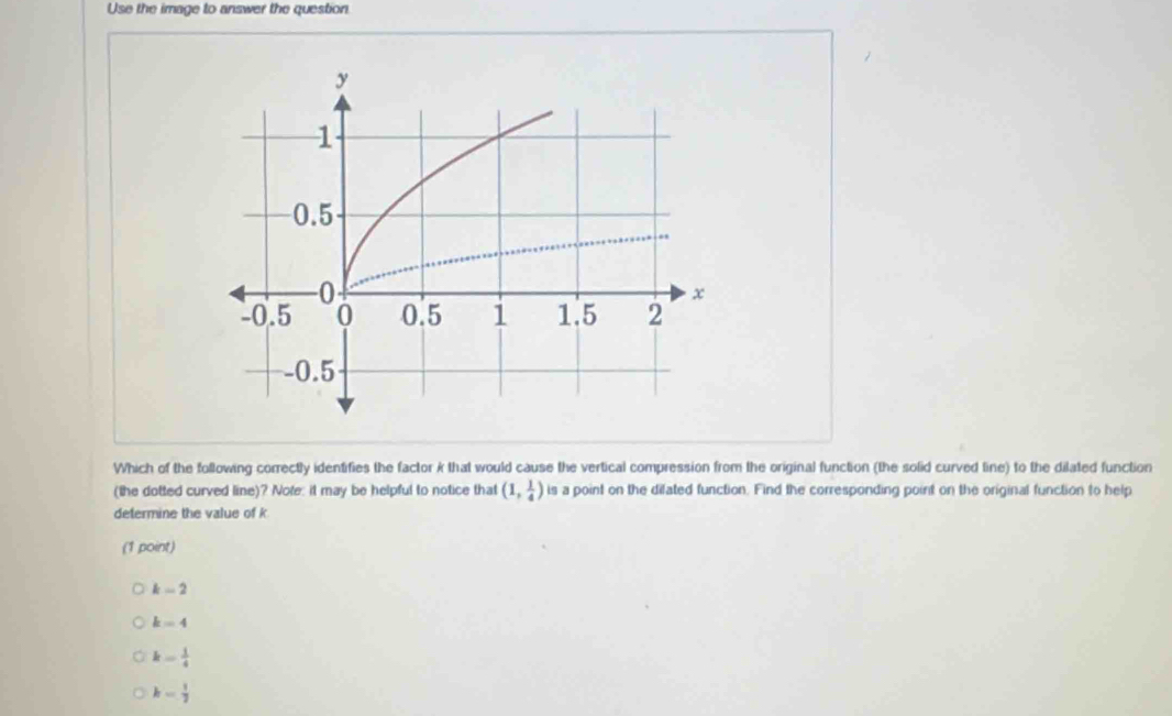 Use the image to answer the question
Which of the following correctly identifies the factor k that would cause the vertical compression from the original function (the solid curved line) to the dilated function
(the dotted curved line)? Nore: it may be helpful to notice that (1, 1/4 ) is a point on the dilated function. Find the corresponding point on the original function to help
determine the value of k
(1 point)
k-2
k=4
k= 1/4 
k= 1/2 