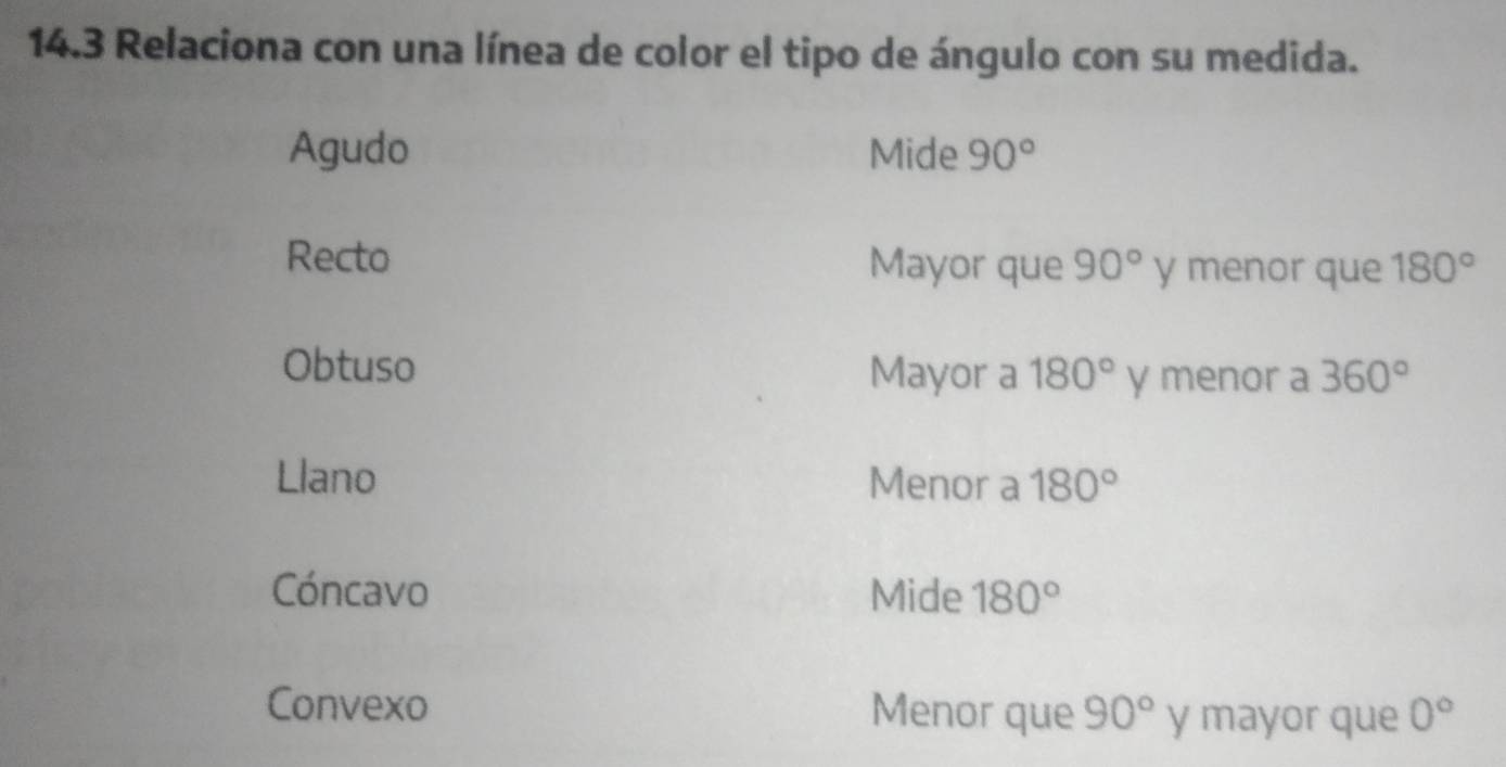 14.3 Relaciona con una línea de color el tipo de ángulo con su medida.
Agudo Mide 90°
Recto Mayor que 90° y menor que 180°
Obtuso Mayor a 180° y menor a 360°
Llano Menor a 180°
Cóncavo Mide 180°
Convexo Menor que 90° y mayor que 0°