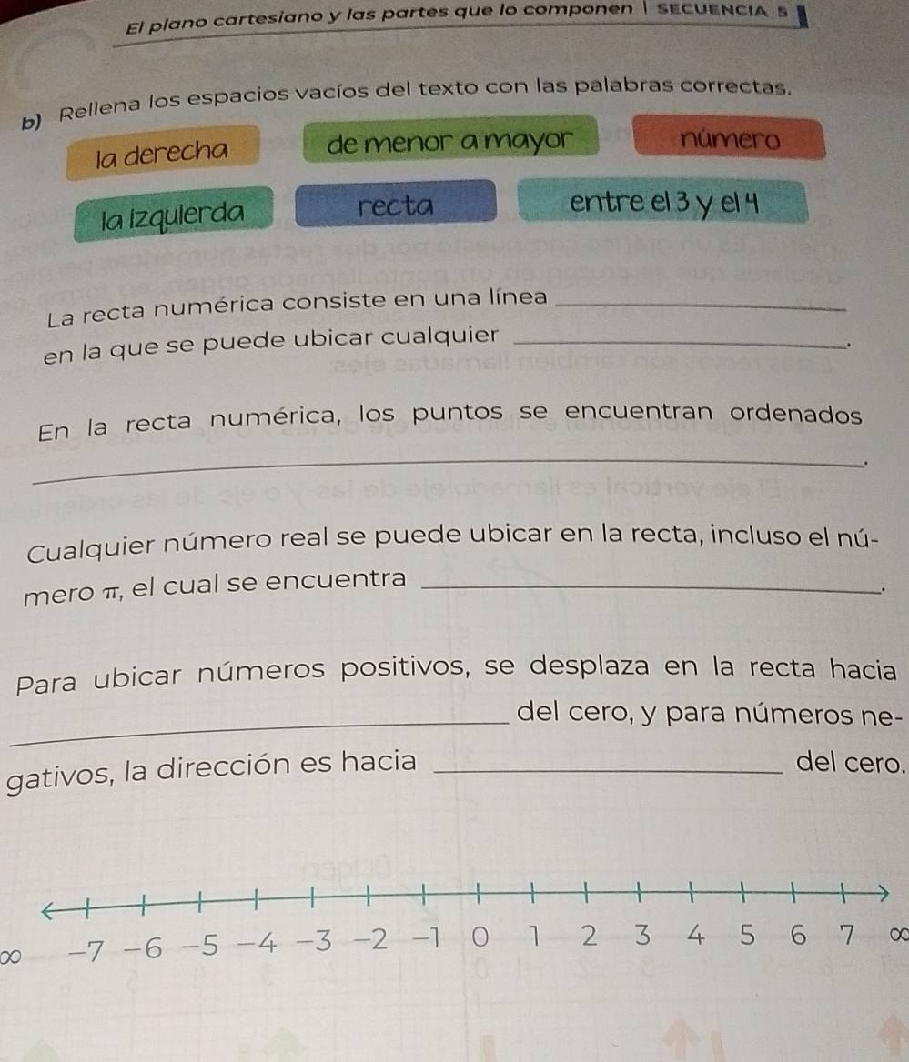 El plano cartesiano y las partes que lo componen |SECUENCIA s 
b) Rellena los espacios vacíos del texto con las palabras correctas. 
Ia derecha de menor a mayor 
número 
la Izquierda 
recta entre el 3 y el 4
La recta numérica consiste en una línea_ 
en la que se puede ubicar cualquier_ 
. 
En la recta numérica, los puntos se encuentran ordenados 
_ 
. 
Cualquier número real se puede ubicar en la recta, incluso el nú- 
mero π, el cual se encuentra_ 
. 
Para ubicar números positivos, se desplaza en la recta hacia 
_del cero, y para números ne- 
gativos, la dirección es hacia_ 
del cero. 
∞∞