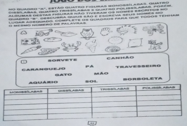 no quadro 'A', estão quatro figuras monossílasas. Quatro 
dissílabas, quatro trisílabas e quatro polissílabas. porém. 
Alqumas destas figuras não tiveram os nomes escritos no 
Quadro "B". Descubra quais São e escreva seus nomes no 
LUgAR ADEquADO. COmpLETE OS quADROS PARA que TOdOS TENham 
O mesmo número de palavras. 
D 
SOrvETE Canhão 
PA 
caranguejo TRAVESSEIRO 
GATO mão 
SOL BORBOLETA