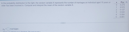 In the probability distribution to the right, the random variable X represents the number of marriages an individual aged 15 years or 
older has been involved in. Compute and interpret the mean of the random variable X
p_X=□ marriages