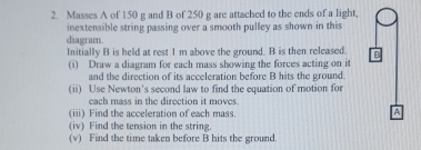 Masses A of 150 g and B of 250 g are attached to the ends of a light, 
inextensible string passing over a smooth pulley as shown in this 
diagram. 
Initially B is held at rest I m above the ground. B is then released. 
(i) Draw a diagram for each mass showing the forces acting on it 
and the direction of its acceleration before B hits the ground. 
(ii) Use Newton's second law to find the equation of motion for 
each mass in the direction it moves. 
(iii) Find the acceleration of each mass. A 
(iv) Find the tension in the string. 
(v) Find the time taken before B hits the ground.