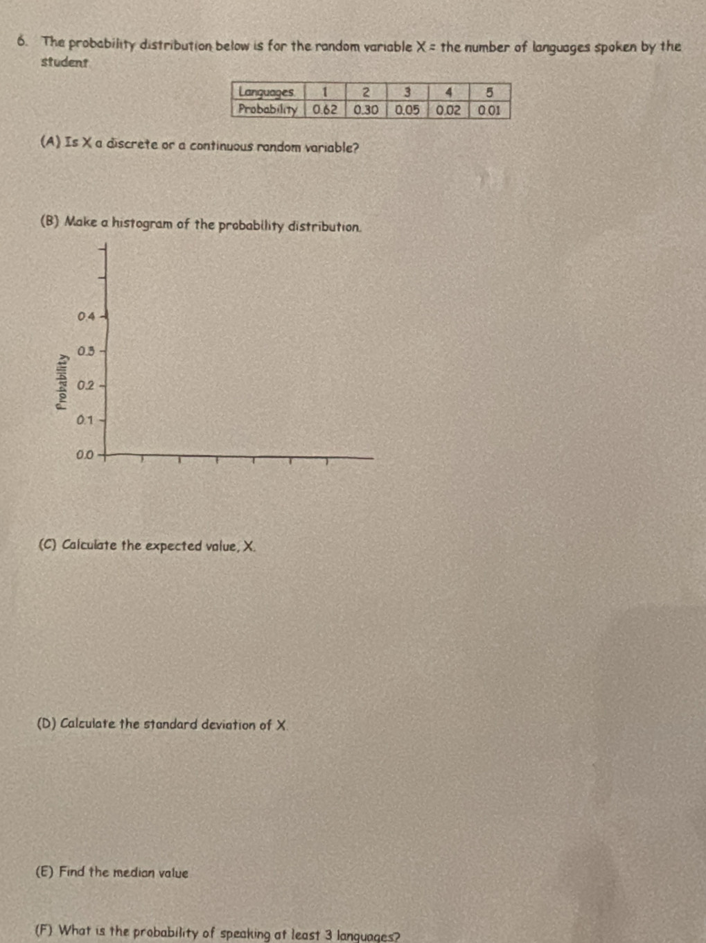 The probability distribution below is for the random variable X= the number of languages spoken by the 
student 
(A) Is X a discrete or a continuous random variable? 
(B) Make a histogram of the probability distribution. 
(C) Calculate the expected volue, X. 
(D) Calculate the standard deviation of X
(E) Find the median value 
(F) What is the probability of speaking at least 3 lanquages?