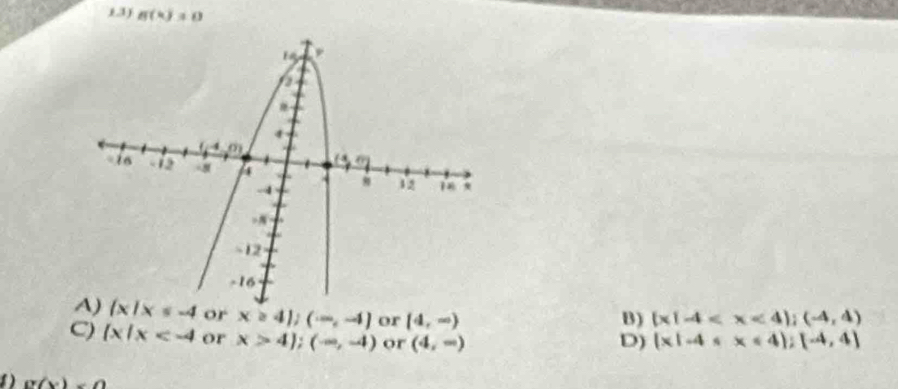 n(k)=0
 x|x≤ -4 or x≥ 4);(-∈fty ,-4) or [4,-) B)  x|-4
C)  x|x or x>4);(-∈fty ,-4) or (4,-) D) (x|-4≤ x≤ 4):(-4,4)
1) g(x)<0</tex>