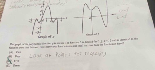 The graph of the polynomial function g is shown. The function h is defined for
function 9 on that interval. How many total local minima and local maxima does the function / have? 0≤ x≤ 3 and is identical to the
(A) Two
(B) Four
C) Five
(D) Seven