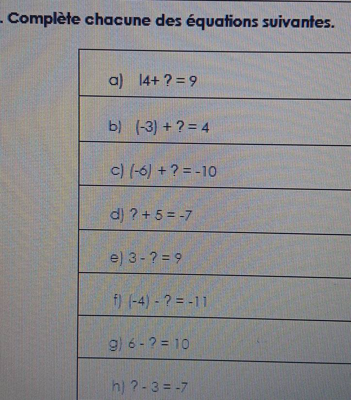 Complète chacune des équations suivantes.
h ?-3=-7