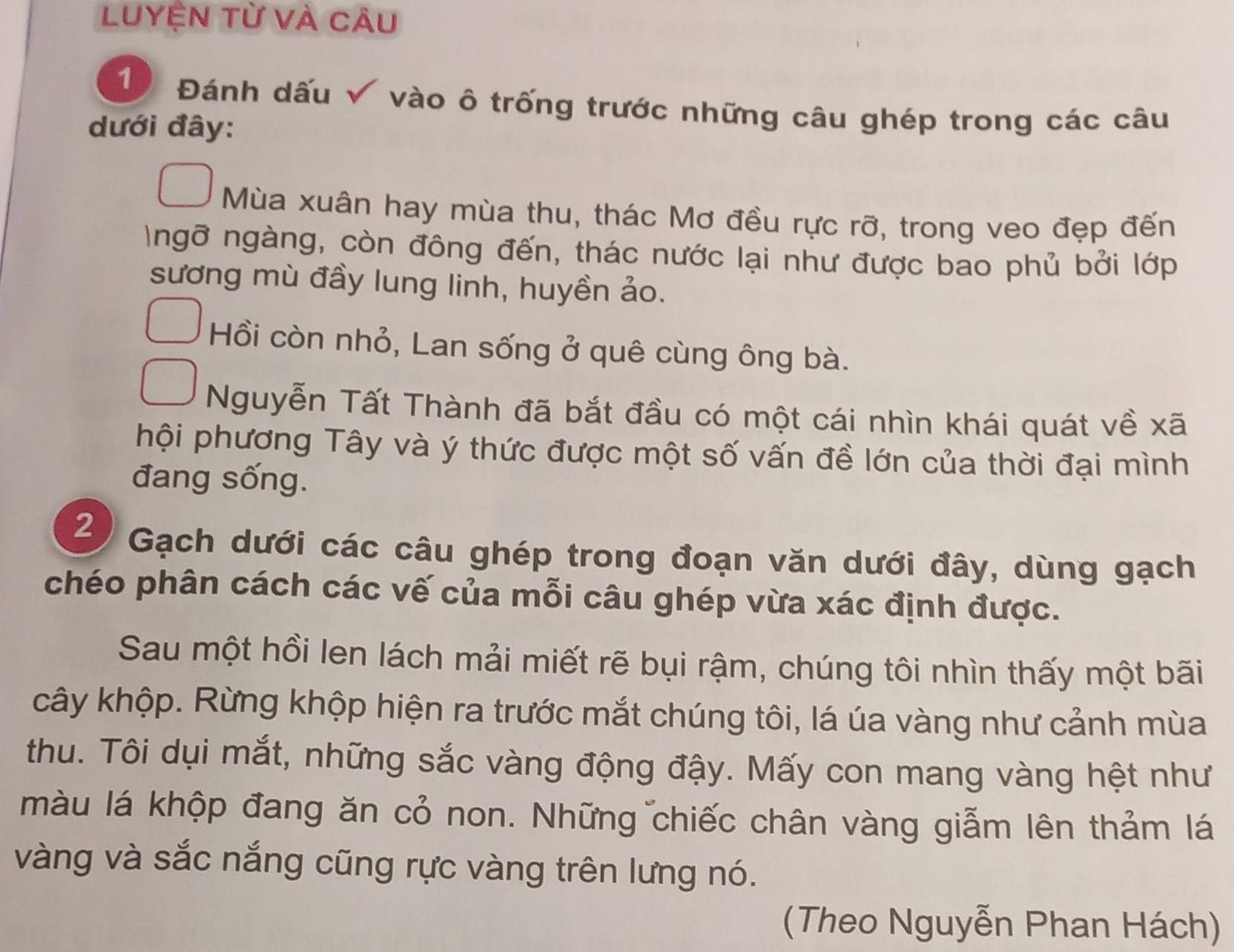 Luyện từ và câu 
1 Đánh dấu √ vào ô trống trước những câu ghép trong các câu 
dưới đây: 
Mùa xuân hay mùa thu, thác Mơ đều rực rỡ, trong veo đẹp đến 
ngỡ ngàng, còn đông đến, thác nước lại như được bao phủ bởi lớp 
sương mù đầy lung linh, huyền ảo. 
Hồi còn nhỏ, Lan sống ở quê cùng ông bà. 
Nguyễn Tất Thành đã bắt đầu có một cái nhìn khái quát về xã 
hội phương Tây và ý thức được một số vấn đề lớn của thời đại mình 
đang sống. 
2 Gạch dưới các câu ghép trong đoạn văn dưới đây, dùng gạch 
chéo phân cách các vế của mỗi câu ghép vừa xác định được. 
Sau một hồi len lách mải miết rẽ bụi rậm, chúng tôi nhìn thấy một bãi 
cây khộp. Rừng khộp hiện ra trước mắt chúng tôi, lá úa vàng như cảnh mùa 
thu. Tôi dụi mắt, những sắc vàng động đậy. Mấy con mang vàng hệt như 
màu lá khộp đang ăn cỏ non. Những chiếc chân vàng giẫm lên thảm lá 
vàng và sắc nắng cũng rực vàng trên lưng nó. 
(Theo Nguyễn Phan Hách)