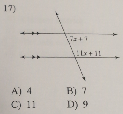 A) 4 B) 7
C) 11 D) 9