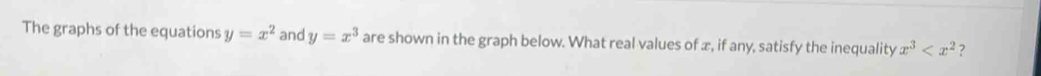 The graphs of the equations y=x^2 and y=x^3 are shown in the graph below. What real values of æ, if any, satisfy the inequality x^3 ?