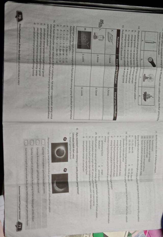 sumber cahay
Lheigi cahaya merupakan energi ying dihasilkan oleh sumber cahang buk 17. Berikut kundisi alam di beberspa wilayah
(1) Pantai terjal
1 Suhu hanan tinggi (2) Kecepatan angin finggi
(4) Suhu di bah not derspit cetsus
(5) Sinar matahani sepanjang tahun sasa.
Einergi terbarukan cocok dikembangkan pata wayah dengan kondisi slam ying ditunjukkan
pu senter dinyalakan adalah ... ateh nomor .. c. (2), (4), dan (5)
a. energi listrik —— energi kimia —— energi cahaya
b. energi kimia——energi listrik— energi cahays b (2), (3), dan (5) a. (1). (2), dan (4) 1 (3). (4), dan (5)
c. energi listrik —— energi cahay?—— energs kimia
18. Alasan kita harus mengurangi penggunaan enaagi fusil dalam kehidupan sehan han adalah
d. energi kimia —— energi cahaya— energi listrik (Inwabán letih dan satu)
15. Perhatikaa  energí fosil tersedia melimpah di alam
b. energi fool menimbulkan pencemana
C.  eneeg) fosil jumishng a terbatas di slan
d. energi food menciptakan kesermbangan lugkungan
19. Sumber energi terbarukan ying terbentuk secaa alami di baxah permukiae bum dinamakain
energi .. .
s gelambing lout C ane
b. Matahan d peres tum
20. Benkut salah satu upaya penghematan energi yang dapat kallan lakukan di ruman adalah .
a. Menyalakan klpas angin dan AC secara cxesamaan seat cuaca paras
N. mencabut kabel pengisi daya handphone ketika sodah tidak digunakan
c menyalakan televisi sepanjing har
d. menyalakan lampu di siang han
ll. Ayo, memberi tanda centang (< ) pada jawaban yang benar!
n dan energi yang dihasilkan dari peralatan(Jawaban lebih dari satu)
berdasarkan tabel, yaitu ... .
1. Amati gamber berkuti
 L= 2 LC-1= dan M-2-11
b C-2-1,L-3-11 , dən M - 1 - =
C k-3-LL-3-1 dan u-1
d K-3-8,L-2=1 , dan M-1-8
16. Pak Kadir berjualan satai Madura di dekat rumahnya, Pak Kadir menggunakan arang untuk
meratangkan satal ayam yang djoainya. Perubahan energi yang terjadi seat proses pembakaran  Pernyataan yang senar terkait kediua gerhana Matahari sada gambar adalah ... .
satal tersebut adalah .. 
a. perubanán energi parías menjadi energi geral Gambar A merugakan gertana Matahan sincin
b  perubahan energi kimia menjadi energí gerak
c perubahan energí kimia menjadienergı panas Gambier 8 merugakan gerhana Muzahan total
d perubahan energí panas menjadí energi kimia
Gambar A terjaró di permukian Bumi yan torema bajatgan umbra Bulan
Gambar B serjadi di permukan Sum yary terkeme Sayangan pemumbea Sulan
70 Ilmu Pengetähuan Alem den Sodal an i 2000 4ln 6106 1 Acesman Sumatil Tengals Semester 71