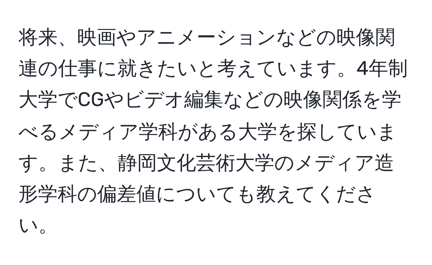 将来、映画やアニメーションなどの映像関連の仕事に就きたいと考えています。4年制大学でCGやビデオ編集などの映像関係を学べるメディア学科がある大学を探しています。また、静岡文化芸術大学のメディア造形学科の偏差値についても教えてください。