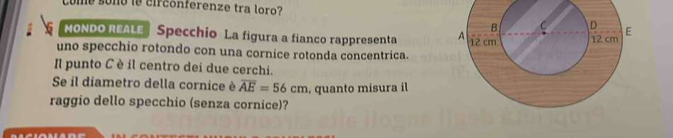 Come sono le circonferenze tra loro? 
MONDO REALE Specchio La figura a fianco rappresenta 
uno specchio rotondo con una cornice rotonda concentrica. 
Il punto C è il centro dei due cerchi. 
Se il diametro della cornice è overline AE=56cm , quanto misura il 
raggio dello specchio (senza cornice)?