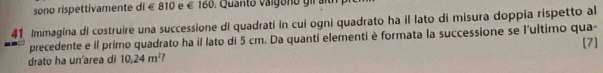 sono rispettivamente di € 810 e € 160. Quanto valgono gir 
41 Immagina di costruire una successione di quadrati in cui ogni quadrato ha il lato di misura doppia rispetto al 
precedente e il primo quadrato ha il lato di 5 cm. Da quanti elementi è formata la successione se l'ultimo qua- 
drato ha un'area di 10,24m^2 [7]