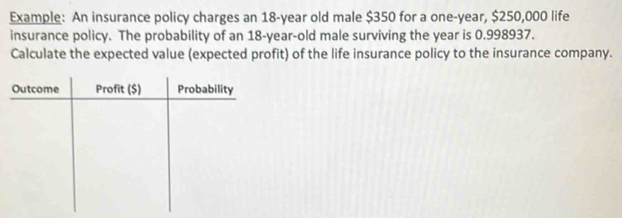 Example: An insurance policy charges an 18-year old male $350 for a one-year, $250,000 life 
insurance policy. The probability of an 18-year-old male surviving the year is 0.998937. 
Calculate the expected value (expected profit) of the life insurance policy to the insurance company.