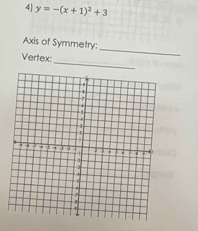 y=-(x+1)^2+3
_ 
Axis of Symmetry: 
_ 
Vertex: