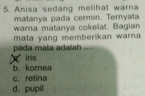 Anisa sedang melihat warna
matanya pada cermin. Ternyata
warna matanya cokelat. Bagian
mata yang memberikan warna 
pada mata adalah ....
iris
b. kornea
c. retina
d. pupil