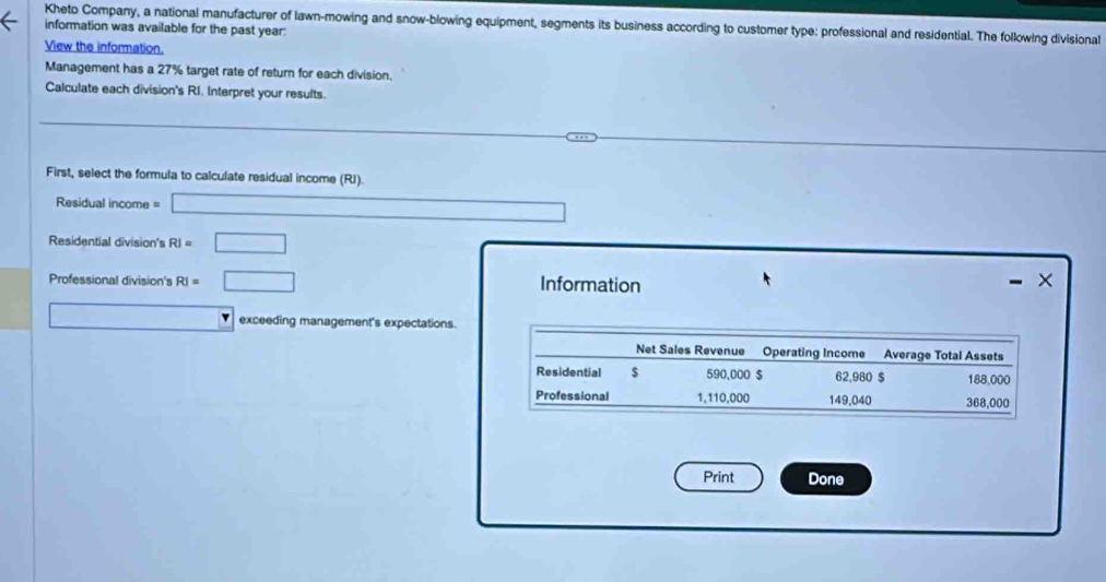 Kheto Company, a national manufacturer of lawn-mowing and snow-blowing equipment, segments its business according to customer type: professional and residential. The following divisional 
information was available for the past year : 
View the information. 
Management has a 27% target rate of return for each division. 
Calculate each division's RI. Interpret your results. 
First, select the formula to calculate residual income (RI). 
Residual income = □
Residential division's RI=□
Professional division's RI=□ Information 
□ exceeding management's expectations. 
Net Sales Revenue Operating Income Average Total Assets 
Residential $ 590,000 $ 62,980 $ 188,000
Professional 1,110,000 149.040 368,000
Print Done