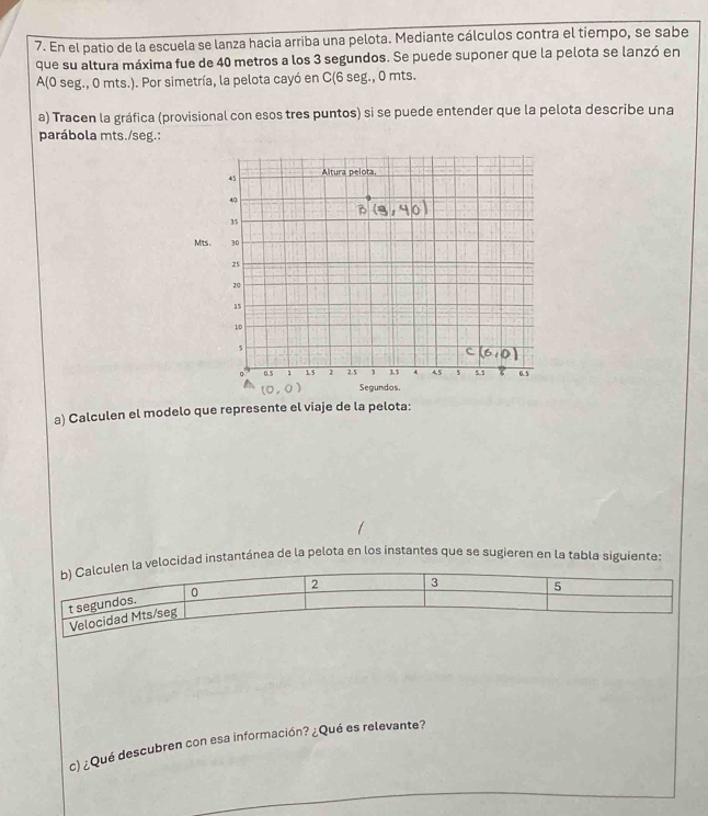 En el patio de la escuela se lanza hacia arriba una pelota. Mediante cálculos contra el tiempo, se sabe
que su altura máxima fue de 40 metros a los 3 segundos. Se puede suponer que la pelota se lanzó en
A(0 seg., 0 mts.). Por simetría, la pelota cayó en C(6 seg., 0 mts.
a) Tracen la gráfica (provisional con esos tres puntos) si se puede entender que la pelota describe una
parábola mts./seg.:
a) Calculen el modelo que represente el viaje de la pelota:
velocidad instantánea de la pelota en los instantes que se sugieren en la tabla siguiente:
c) ¿Qué descubren con esa información? ¿Qué es relevante?