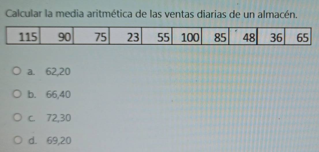 Calcular la media aritmética de las ventas diarias de un almacén.
a. 62, 20
b. 66, 40
c. 72, 30
d. 69, 20