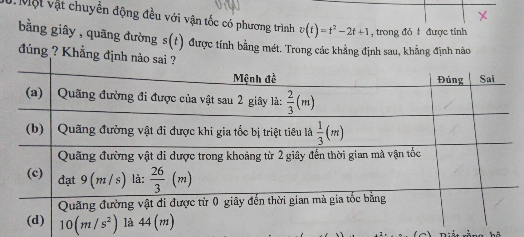 Một vật chuyền động đều với vận tốc có phương trình v(t)=t^2-2t+1 , trong đó t được tính
bằng giây , quãng đường s(t) được tính bằng mét. Trong các khẳng định sau, khẳng định nào
đúng ? Khẳng định
Biết rằng hệ