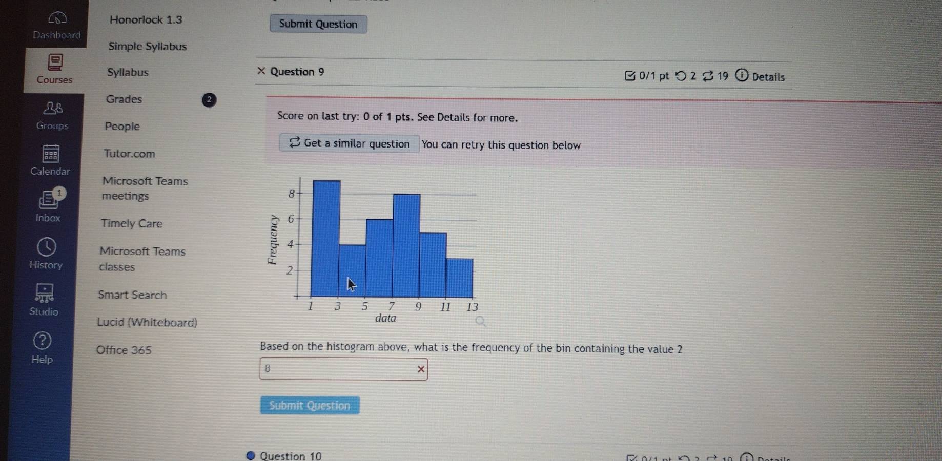 Honorlock 1.3 Submit Question 
Dashboard 
Simple Syllabus 
Courses Syllabus 
× Question 9 Details 
□ 0/1 pt つ 2 B 19 
Grades 
Score on last try: 0 of 1 pts. See Details for more. 
Groups People 
2 Get a similar question You can retry this question below 
Tutor.com 
Calendar 
Microsoft Teams 
meetings 
Inbox Timely Care 
Microsoft Teams 
History classes 
Smart Search 
Studio 
Lucid (Whiteboard) 
Office 365 Based on the histogram above, what is the frequency of the bin containing the value 2 
Help 
8 

Submit Question 
Question 10