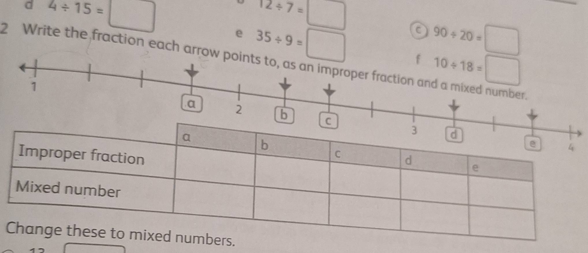 4/ 15=□
12/ 7=□
2 Wri a 90/ 20=□
e 35/ 9=□
action each arrow