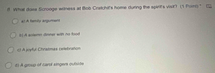 What does Scrooge witness at Bob Cratchit's home during the spirit's visit? (1 Point) *
a) A family argument
b) A solemn dinner with no food
c A joyful Christmas celebration
d) A group of carol singers outside