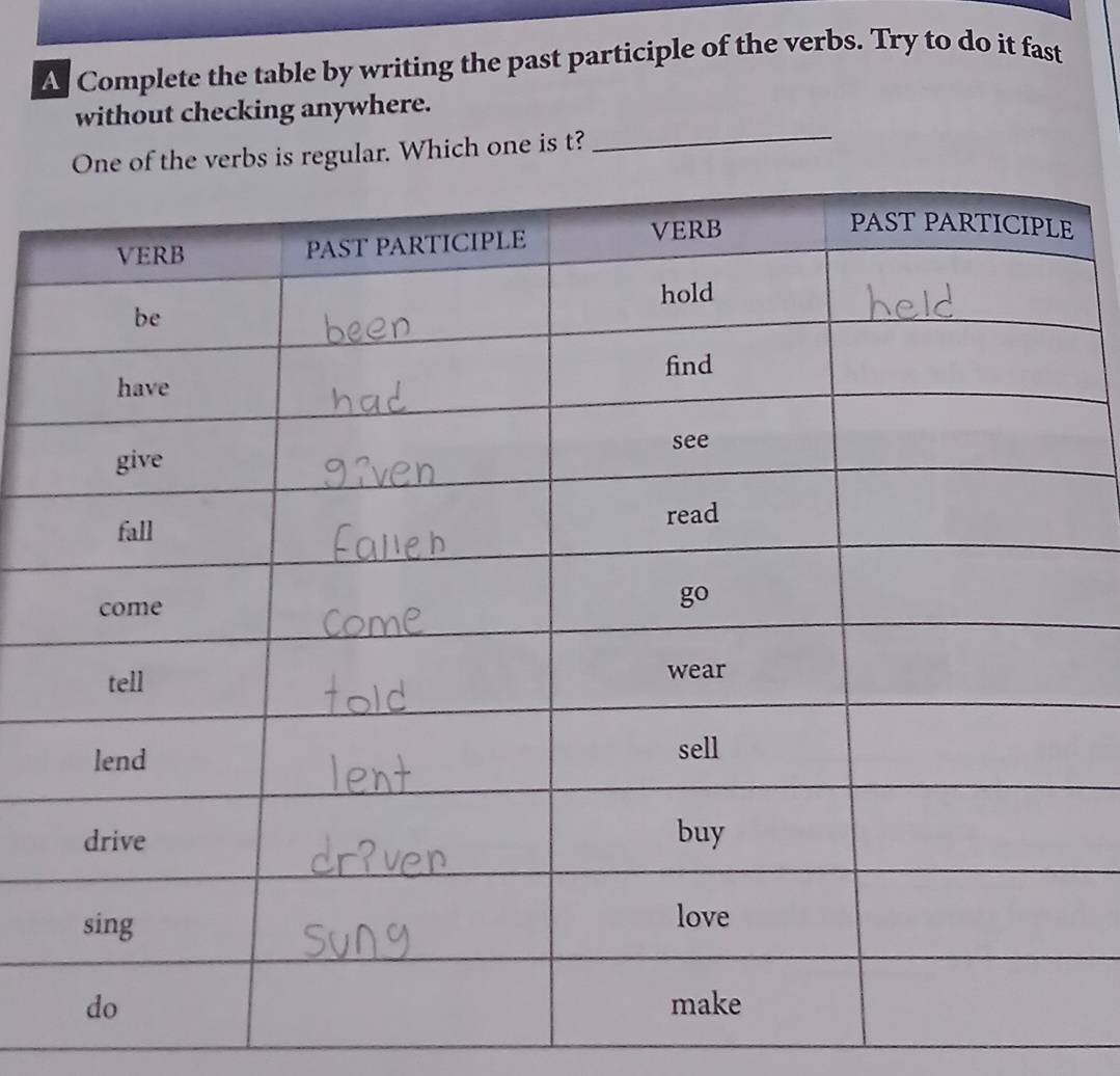 A Complete the table by writing the past participle of the verbs. Try to do it fast
without checking anywhere.
verbs is regular. Which one is t?
_