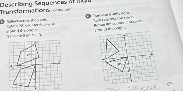 Describing Sequences of Rigia
Transformations continued
6 Translate 6 units right.
5 Reflect across the y-axis.
Reflect across the x-axis.
Rotate 90° counterclockwise
Rotate 90° counterclockwise
around the origin.
Translate 5 units left.