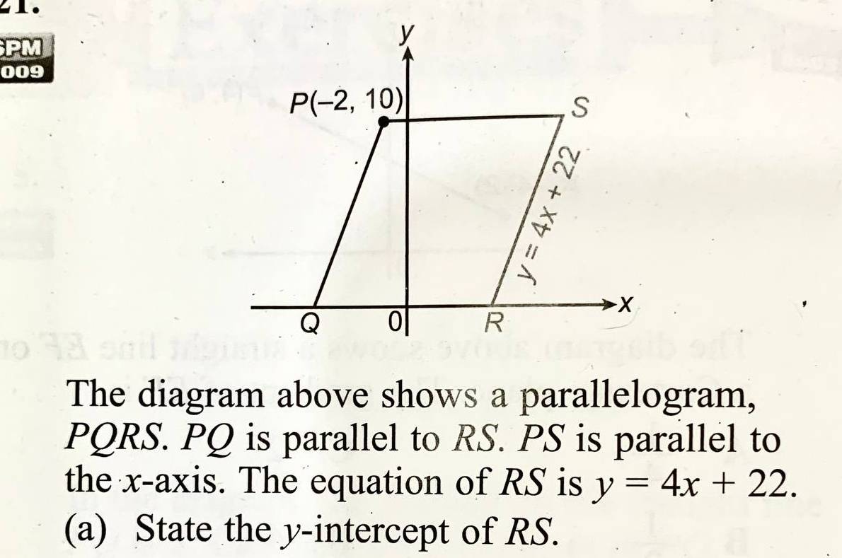 PM
009
The diagram above shows a parallelogram,
PQRS. PQ is parallel to RS. PS is parallel to
the x-axis. The equation of RS is y=4x+22.
(a) State the y-intercept of RS.