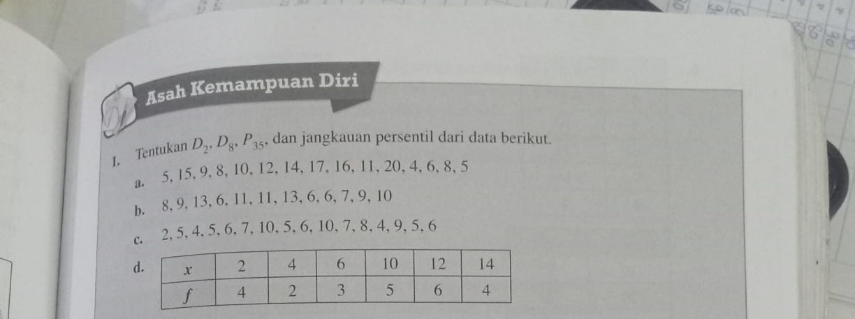 Asah Kemampuan Diri 
1. Tentukan D_2, D_8, P_35 , dan jangkauan persentil dari data berikut. 
a. 5, 15, 9, 8, 10, 12, 14, 17, 16, 11, 20, 4, 6, 8, 5
b. 8, 9, 13, 6, 11, 11, 13, 6, 6, 7, 9, 10
c. 2, 5, 4, 5, 6, 7, 10, 5, 6, 10, 7, 8, 4, 9, 5, 6