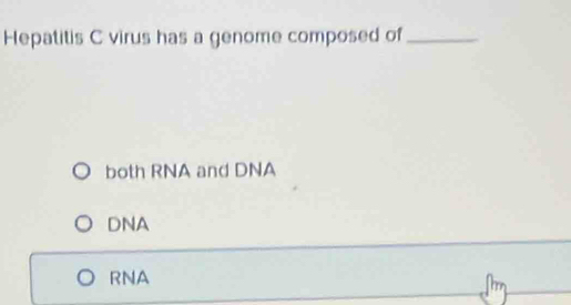 Hepatitis C virus has a genome composed of_
both RNA and DNA
DNA
RNA