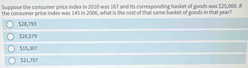 Suppose the consumer price index in 2010 was 167 and its corresponding basket of goods was $25,000. If
the consumer price index was 145 in 2006, what is the cost of that same basket of goods in that year?
$28,793
$20,579
$15,307
$21,707