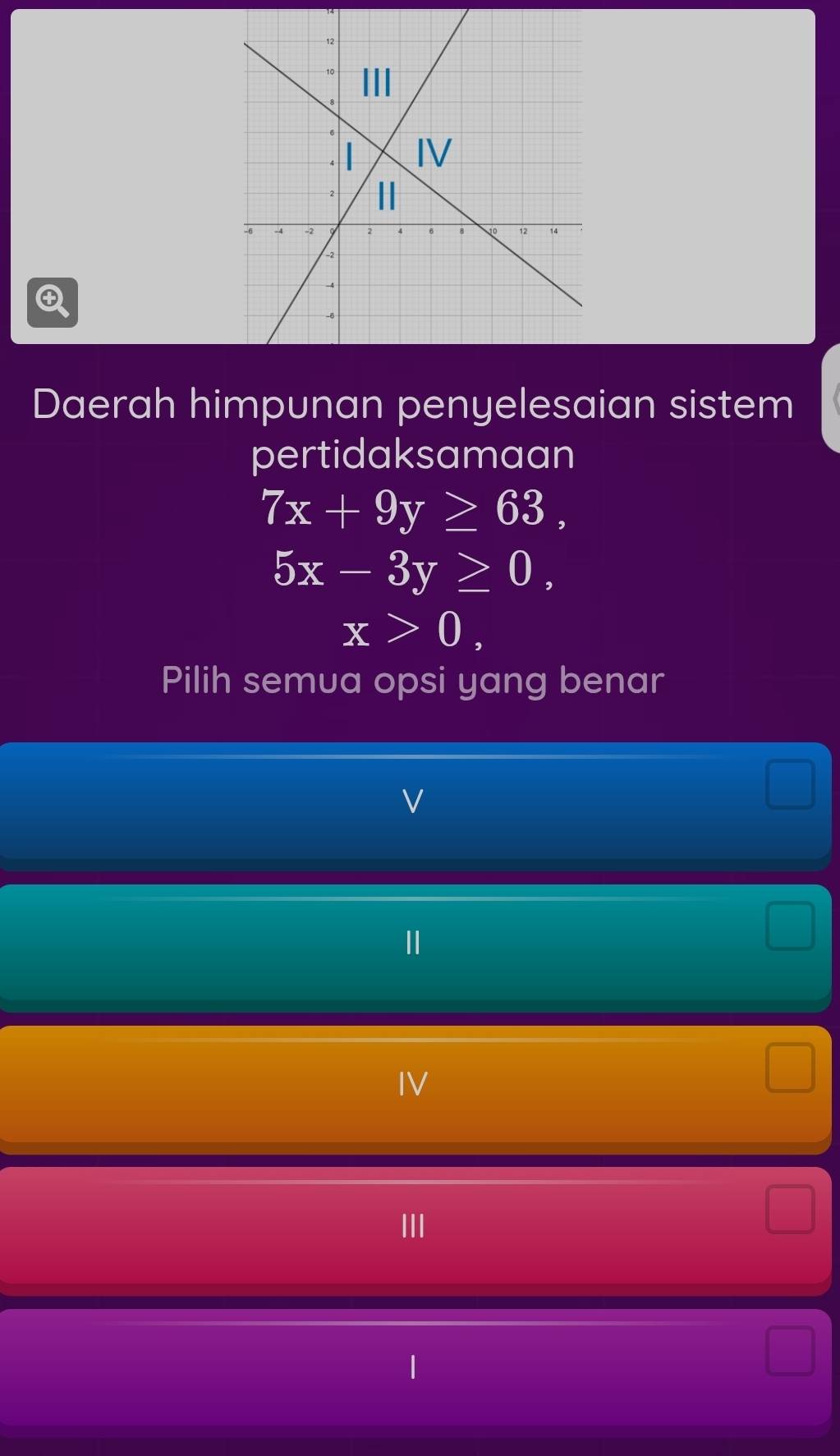 Daerah himpunan penyelesaian sistem
pertidaksamaan
7x+9y≥ 63,
5x-3y≥ 0,
x>0, 
Pilih semua opsi yang benar
IV