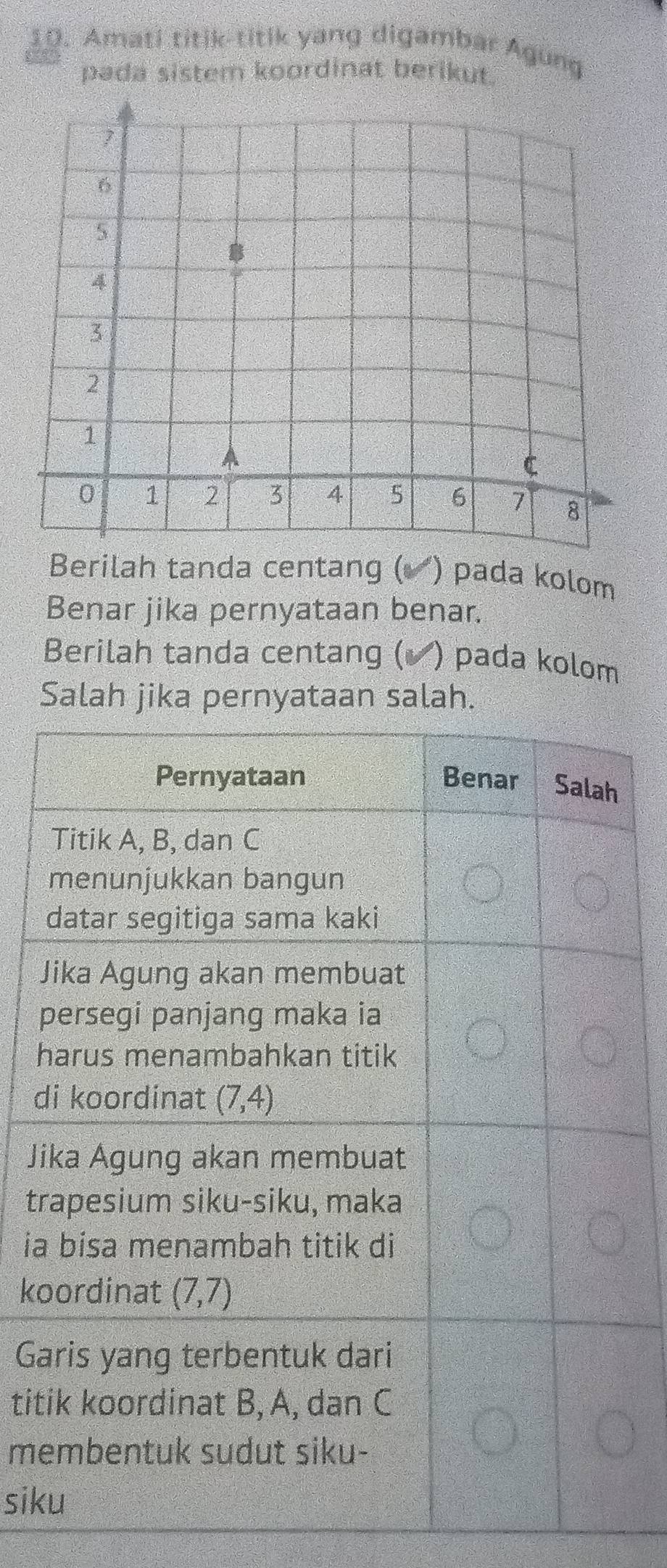 Amati titik-titik yang digambar Agung
pada sistem koordinat berikut.
Berilah tanda centang ( ) pada kolom
Benar jika pernyataan benar.
Berilah tanda centang ( ✔) pada kolom
Salah jika pernyataan salah.
J
h
d
J
t
ia
ko
G
tit
me
sik