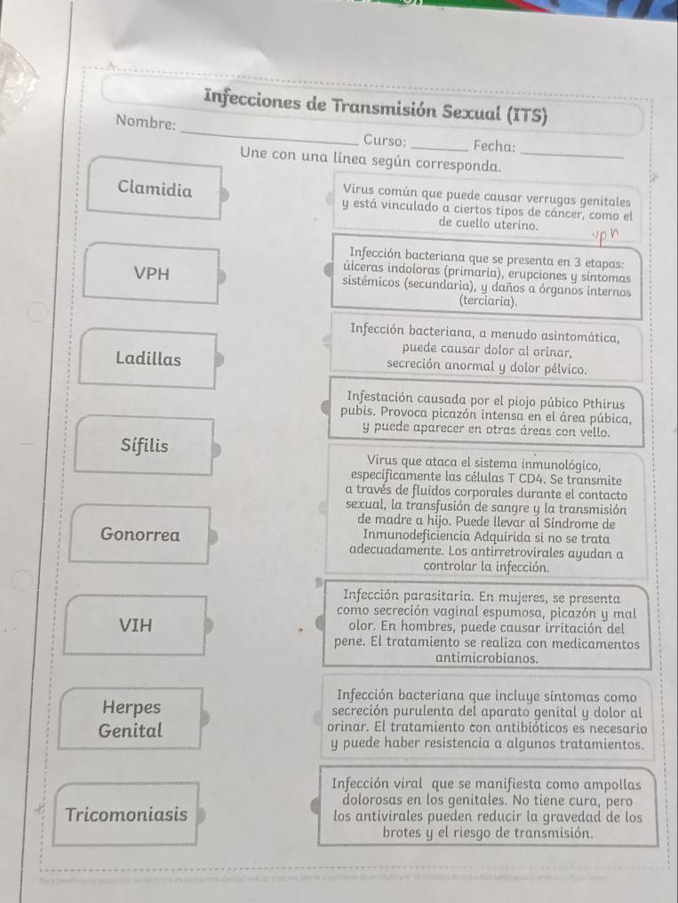 Infecciones de Transmisión Sexual (ITS)
Nombre: _Curso: _Fecha:
Une con una linea según corresponda._
Virus común que puede causar verrugas genitales
Clamidia y está vinculado a ciertos tipos de cáncer, como el
de cuello uterino.
Infección bacteriana que se presenta en 3 etapas:
úiceras indoloras (primaria), erupciones y síntomas
VPH sistémicos (secundaria), y daños a órganos internos
(terciaria).
Infección bacteriana, a menudo asintomática,
puede causar dolor al orinar,
Ladillas secreción anormal y dolor pélvico.
Infestación causada por el piojo púbico Pthirus
pubis. Provoca picazón intensa en el área púbica,
y puede aparecer en otras áreas con vello.
Sífilis Virus que ataca el sistema inmunológico,
específicamente las células T CD4. Se transmite
a través de fluidos corporales durante el contacto
sexual, la transfusión de sangre y la transmisión
de madre a hijo. Puede llevar al Síndrome de
Gonorrea Inmunodeficiencia Adquirida si no se trata
adecuadamente. Los antirretrovirales ayudan a
controlar la infección.
B
Infección parasitaria. En mujeres, se presenta
como secreción vaginal espumosa, picazón y mal
VIH olor. En hombres, puede causar irritación del
pene. El tratamiento se realiza con medicamentos
antimicrobianos.
Infección bacteriana que incluye síntomas como
Herpes secreción purulenta del aparato genital y dolor al
Genital orinar. El tratamiento con antibióticos es necesario
y puede haber resistencia a algunos tratamientos.
Infección viral que se manifiesta como ampollas
dolorosas en los genitales. No tiene cura, pero
Tricomoniasis los antivirales pueden reducir la gravedad de los
brotes y el riesgo de transmisión.