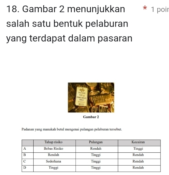 Gambar 2 menunjukkan * 1 poir 
salah satu bentuk pelaburan 
yang terdapat dalam pasaran 
Gambar 2 
Padanan yang manakah betul mengenai pulangan pelaburan tersebut.