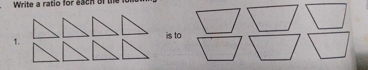 Write a ratio for each of the f 
is to 
1.