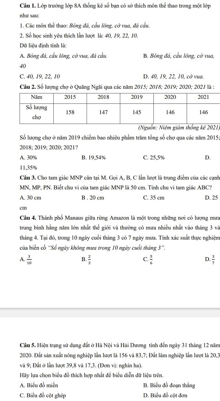 Lớp trưởng lớp 8A thống kê số bạn có sở thích môn thể thao trong một lớp
như sau:
1. Các môn thể thao: Bóng đá, cầu lông, cờ vua, đá cầu.
2. Số học sinh yêu thích lần lượt là: 40, 19, 22, 10.
Dữ liệu định tính là:
A. Bóng đá, cầu lông, cờ vua, đá cầu. B. Bóng đá, cầu lông, cờ vua,
40
C. 40, 19, 22, 10 D. 40, 19, 22, 10, cờ vua.
Câu 2. Số lượng chợ ở Quãng Ngãi qua các năm 2015; 2018; 2019; 2020; 2021 là :
(Nguồn: Niêm giám thổng kê 2021)
Số lượng chợ ở năm 2019 chiếm bao nhiêu phầm trăm tổng số chợ qua các năm 2015;
2018; 2019; 2020; 2021?
A. 30% B. 19,54% C. 25,5% D.
11,35%
Câu 3. Cho tam giác MNP cân tại M. Gọi A, B, C lần lượt là trung điểm của các cạnh
MN, MP, PN. Biết chu vi của tam giác MNP là 50 cm. Tính chu vi tam giác ABC?
A. 30 cm B . 20 cm C. 35 cm D. 25
cm
Câu 4. Thành phố Manaus giữa rừng Amazon là một trong những nơi có lượng mưa
trung bình hằng năm lớn nhất thế giới và thường có mưa nhiều nhất vào tháng 3 và
tháng 4. Tại đó, trong 10 ngày cuối tháng 3 có 7 ngày mưa. Tính xác suất thực nghiệm
của biến cố “Số ngày không mưa trong 10 ngày cuối tháng 3”.
B.
C.
D.
A.  3/10   2/3   5/6   3/7 
Câu 5. Hiện trạng sử dụng đất ở Hà Nội và Hải Dương tính đến ngày 31 tháng 12 năm
2020. Đất sản xuất nông nghiệp lần lượt là 156 và 83,7; Đất lâm nghiệp lần lượt là 20,3
và 9; Đất ở lần lượt 39,8 và 17,3. (Đơn vị: nghìn ha).
Hãy lựa chọn biểu đồ thích hợp nhất để biểu diễn dữ liệu trên.
A. Biểu đồ miền B. Biểu đồ đoạn thắng
C. Biểu đồ cột ghép D. Biểu đồ cột đơn