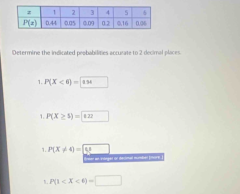 Determine the indicated probabilities accurate to 2 decimal places.
1. P(X<6)=|0.94
1. P(X≥ 5)=|0.22
1. P(X!= 4)=[0,8 1:B
Enter an integer or decimal number [more..]
1. P(1