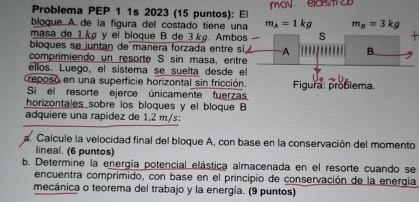 Problema PEP 1 1s 2023 (15 puntos): El mov east 
bloque. A de la figura del costadó tiene un
masa de 1kg y el bloque B de 3 kg. Ambo
bloques se juntan de manera forzada entre s
comprimiendo un resorte S sin masa, entr
ellos. Luego, el sistema se suelta desde e
reposó en una superficie horizontal sin fricción
Si el resorte ejerce únicamente fuerza
horizontales sobre los bloques y el bloque B
adquiere una rapídez de 1,2 m/s:
a. Calcule la velocidad final del bloque A, con base en la conservación del momento
lineal. (6 puntos)
b. Determine la energía potencial elástica almacenada en el resorte cuando se
encuentra comprimido, con base en el principio de conservación de la energía
mecánica o teorema del trabajo y la energía. (9 puntos)