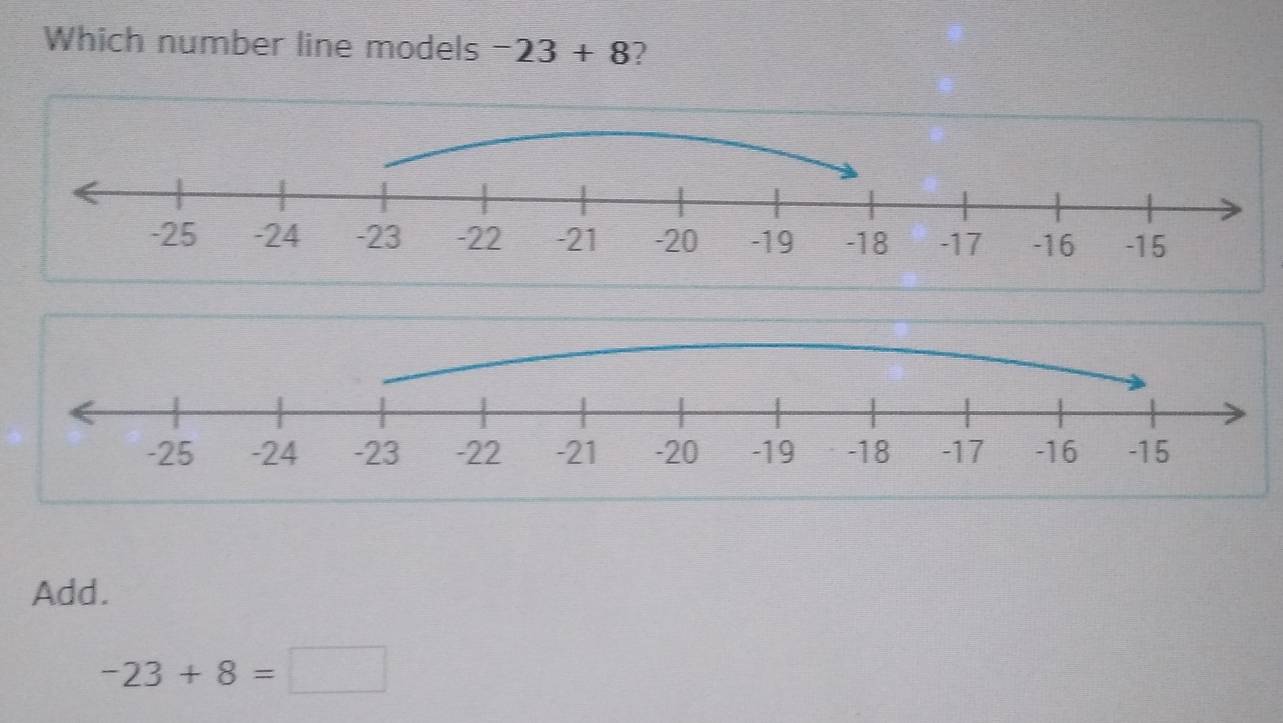 Which number line models -23+8 2 
Add.
-23+8=□