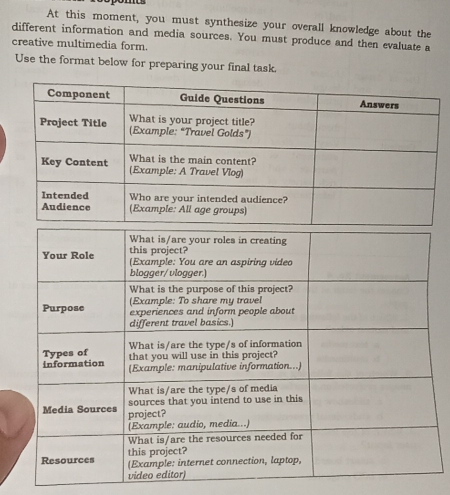 At this moment, you must synthesize your overall knowledge about the 
different information and media sources. You must produce and then evaluate a 
creative multimedia form. 
Use the format below for preparing your final task.