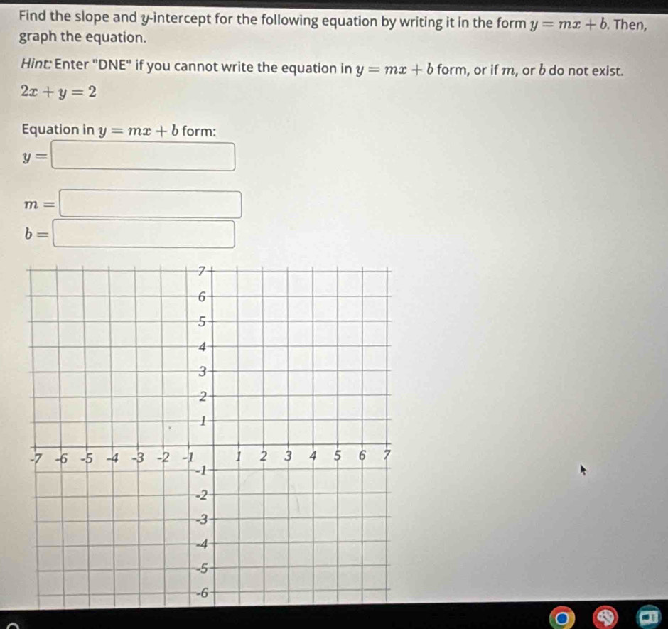 Find the slope and y-intercept for the following equation by writing it in the form y=mx+b. Then, 
graph the equation. 
Hint: Enter "DNE" if you cannot write the equation in y=mx+b form, or if m, or b do not exist.
2x+y=2
Equation in y=mx+b form:
y=□
m=□
b=□