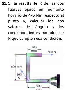 Si la resultante R de las dos 
fuerzas ejerce un momento 
horario de 475 Nm respecto al 
punto A, calcular los dos 
valores del ángulo y los 
correspondientes módulos de
R que cumplen esa condición.