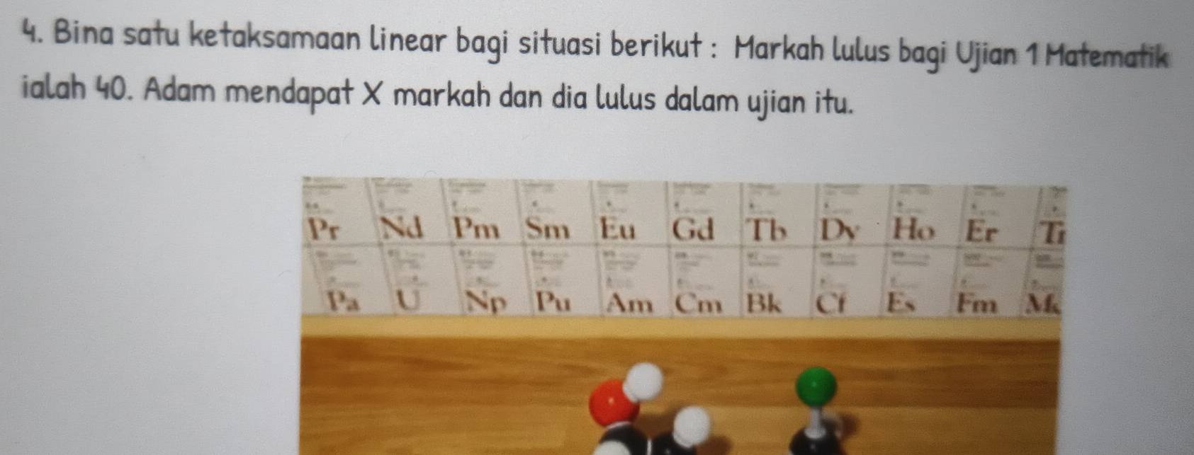 Bina satu ketaksamaan linear bagi situasi berikut : Markah lulus bagi Ujian 1 Matematik 
ialah 40. Adam mendapat X markah dan dia lulus dalam ujian itu.