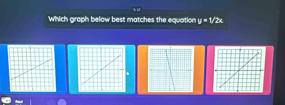 Which graph below best matches the equation y=1/2x. 
Raul