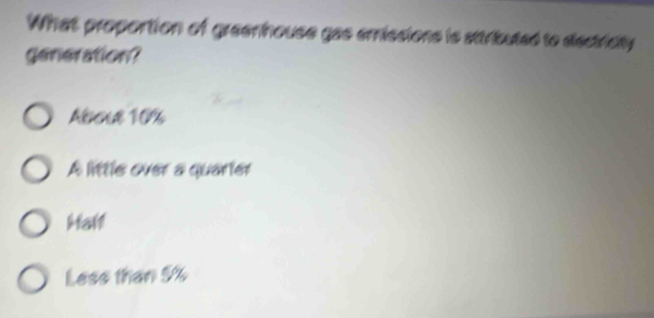 What proportion of greenhouse gas emissions is sttributed to disctrisity
generation?
Abcus 10%
A little over a quarier
Half
Less than 5%