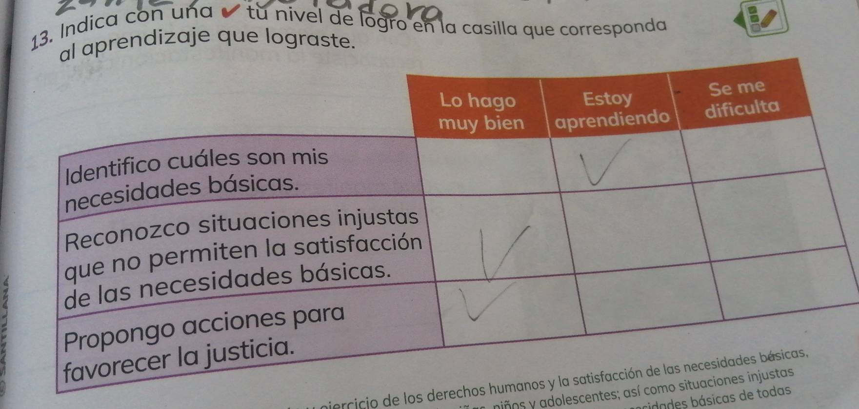 Indica con una é tù nível de logro en la casilla que corresponda 
aprendizaje que lograste. 
hiercicio de los derechos 
niños y adolescentes; así 
cidades básicas de toda