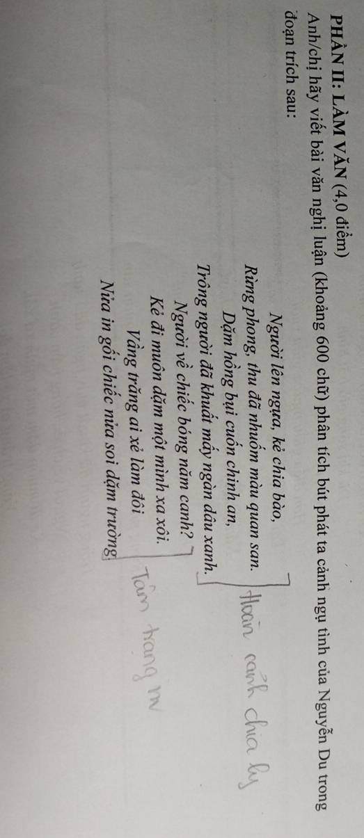 PHÀN II: LÀM VăN (4,0 điểm) 
Anh/chị hãy viết bài văn nghị luận (khoảng 600 chữ) phân tích bút phát ta cảnh ngụ tình của Nguyễn Du trong 
đoạn trích sau: 
Người lên ngựa, kẻ chia bào, 
Rừng phong, thu đã nhuốm màu quan san. 
Dặm hồng bụi cuốn chinh an, 
Trông người đã khuất mấy ngàn dâu xanh. 
Người về chiếc bóng năm canh? 
Kẻ đi muôn dặm một mình xa xôi. 
Vầng trăng ai xẻ làm đôi 
Nửa in gối chiếc nửa soi dặm trường